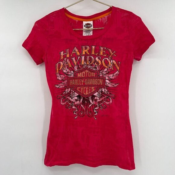 Harley Davidson Women's Embellish Short Sleeve Pink Graphic T Shirt M - Picture 1 of 7